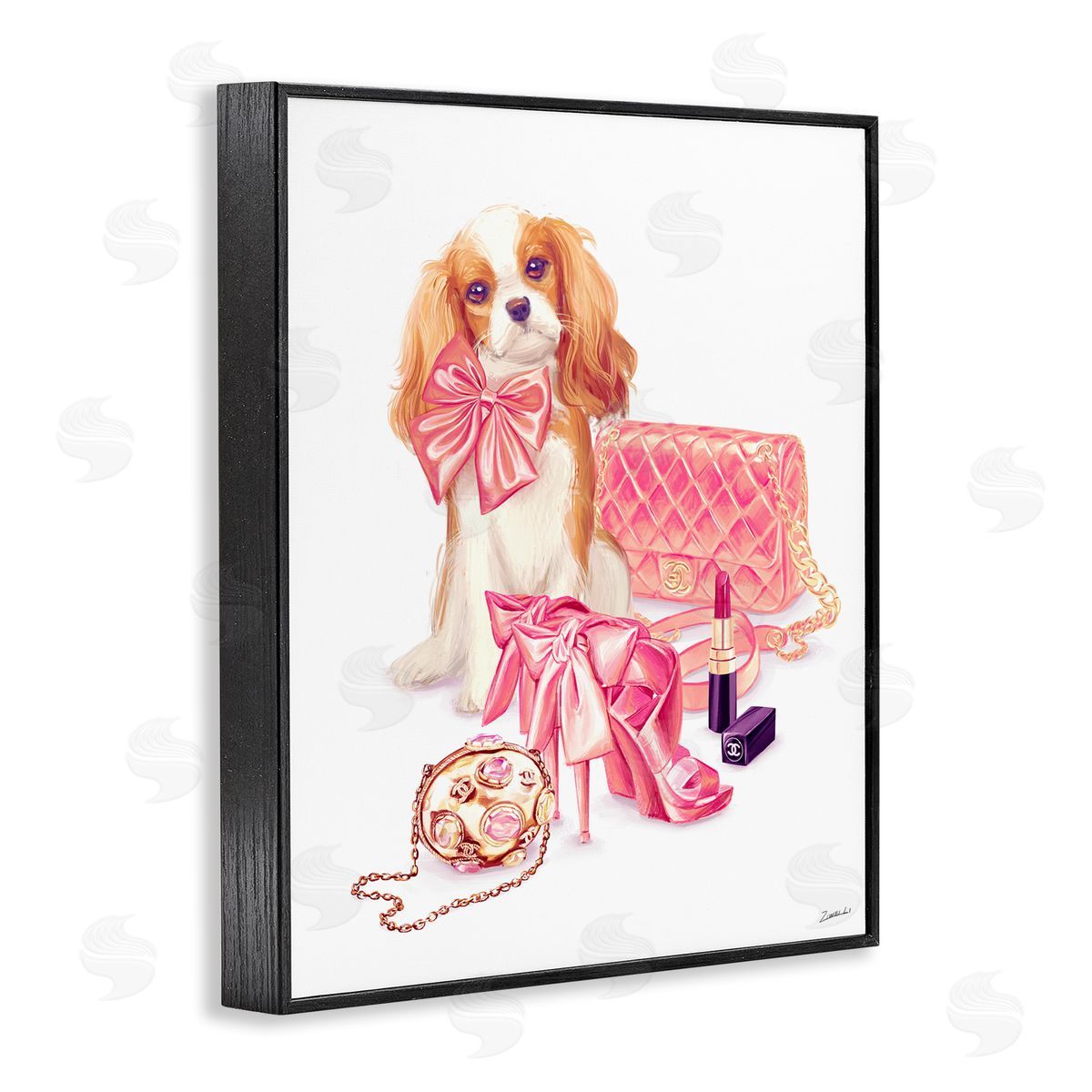 Ziwei Li Upscale Dog Pink Bow Fashion Accessories Makeup  Black Framed Giclee Wall Art Print