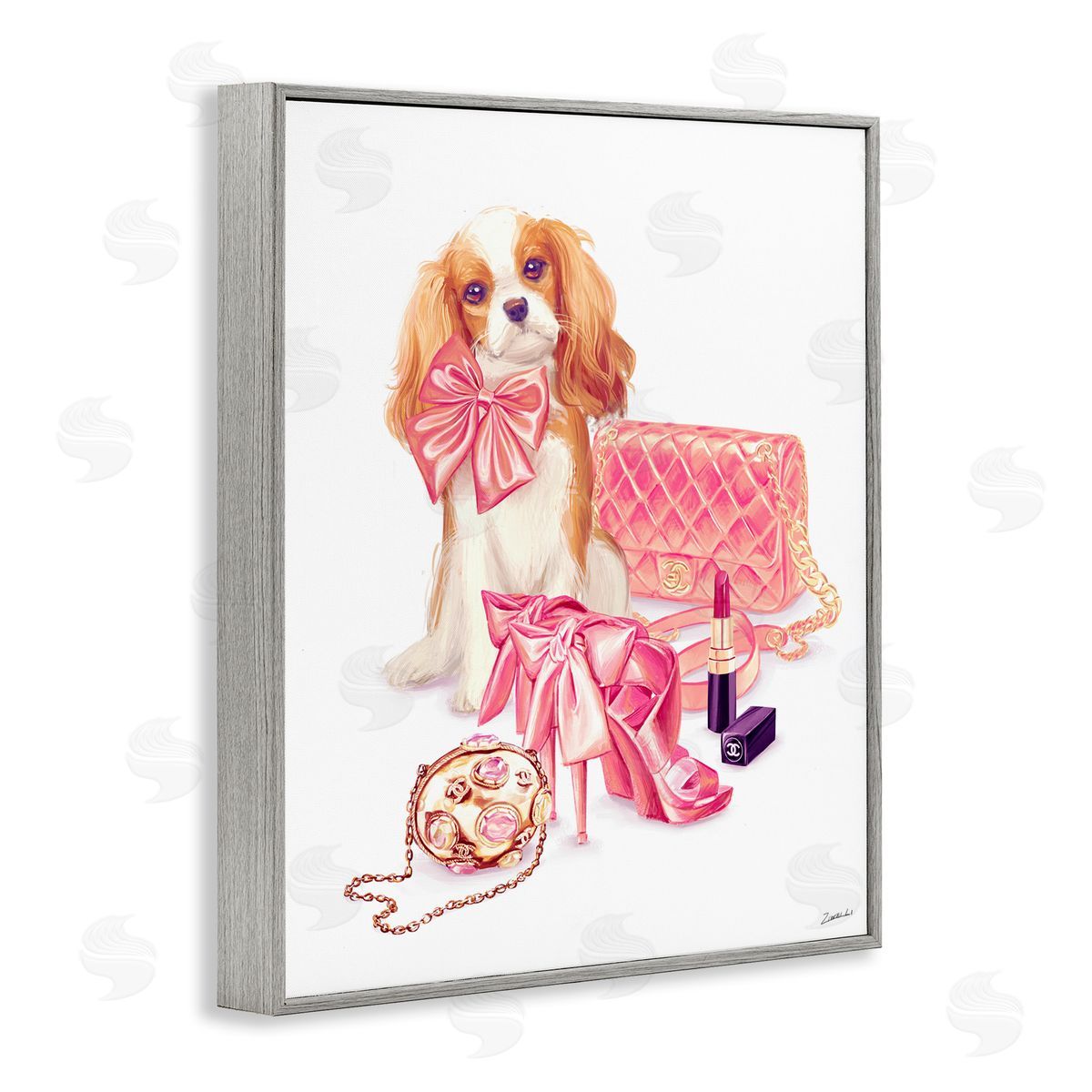 Ziwei Li Upscale Dog Pink Bow Fashion Accessories Makeup  Gray Framed Giclee Wall Art Print