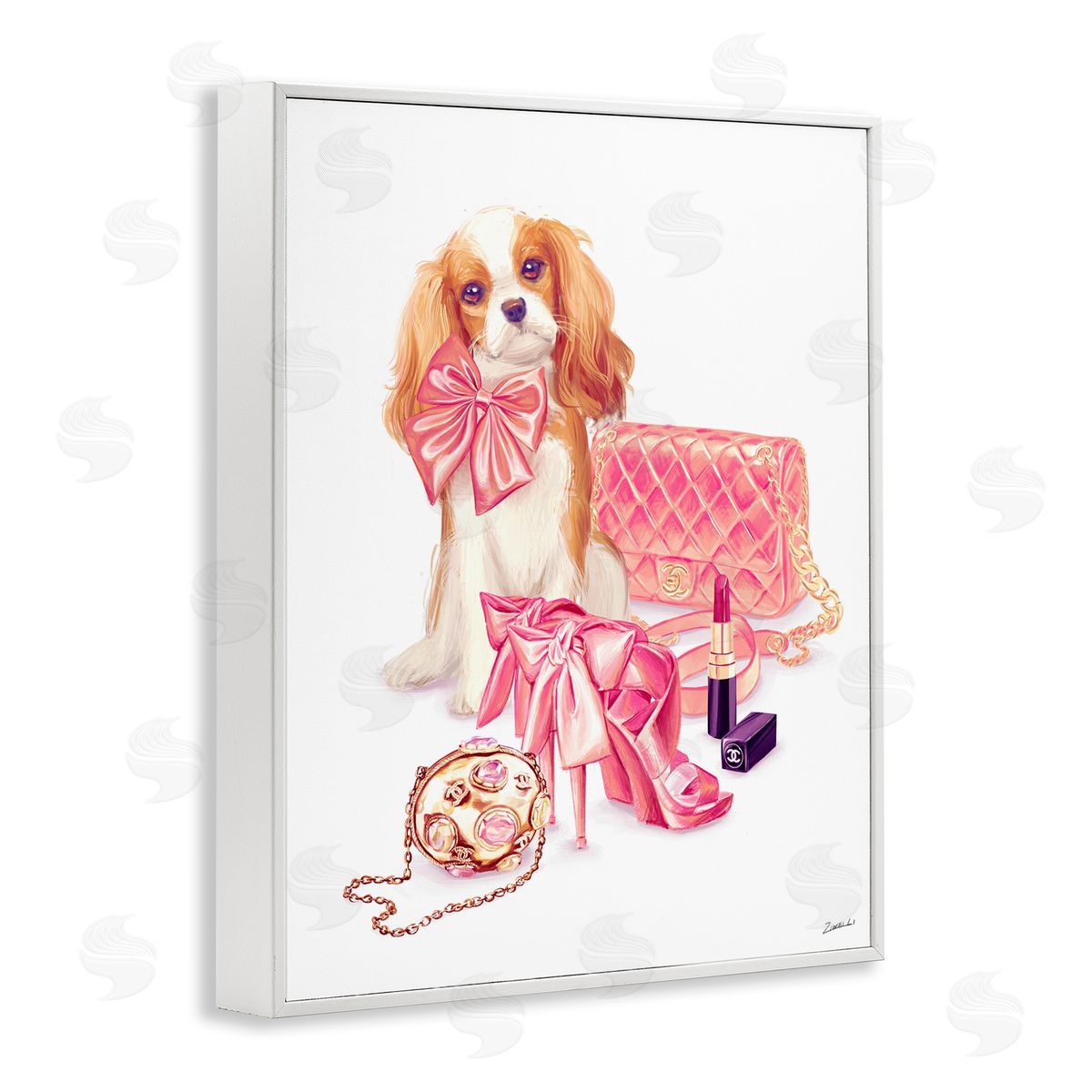 Ziwei Li Upscale Dog Pink Bow Fashion Accessories Makeup  White Framed Giclee Wall Art Print