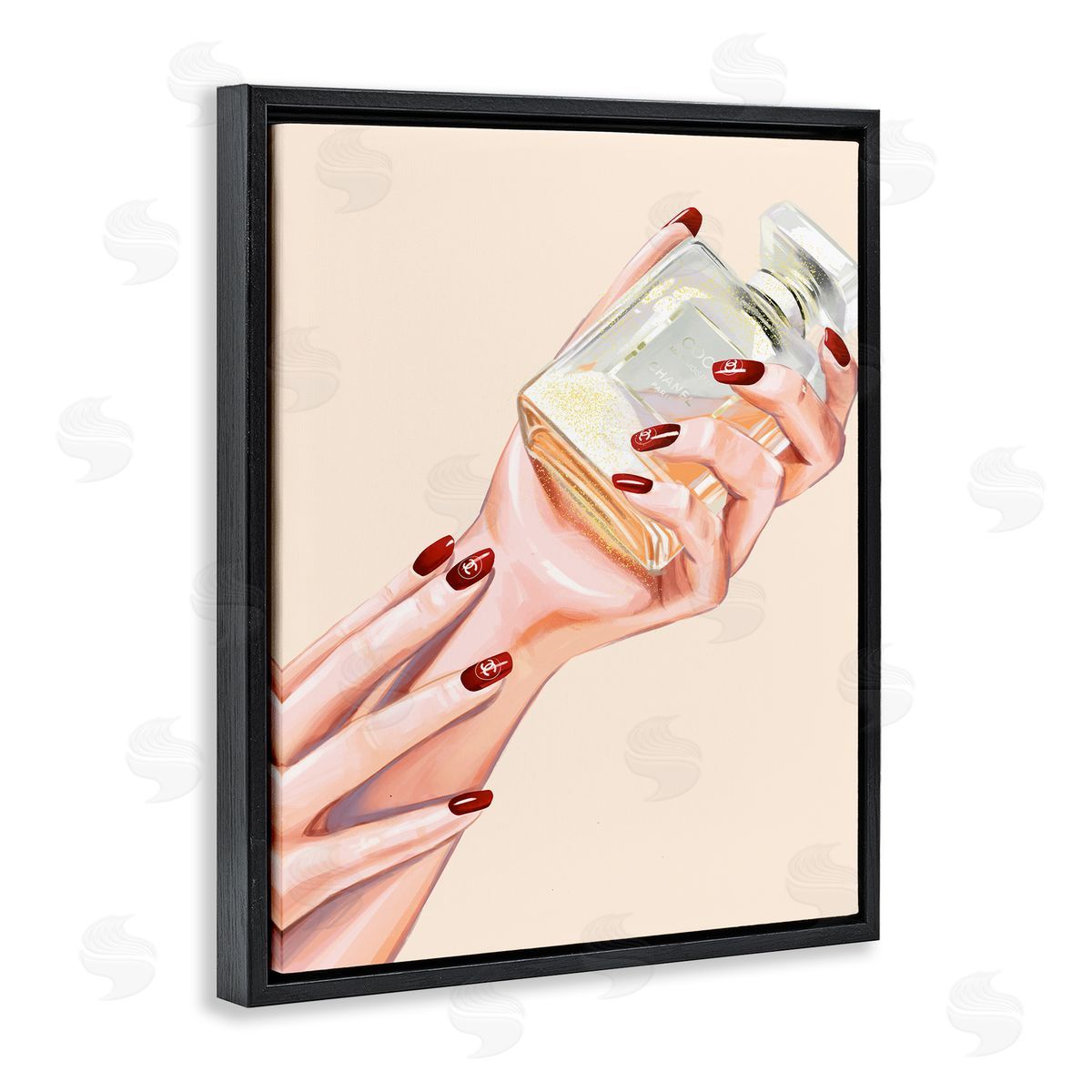 Ziwei Li Chic Red Nail Polish Holding Perfume Bottle  Black Floating Frame Canvas Wall Art Print