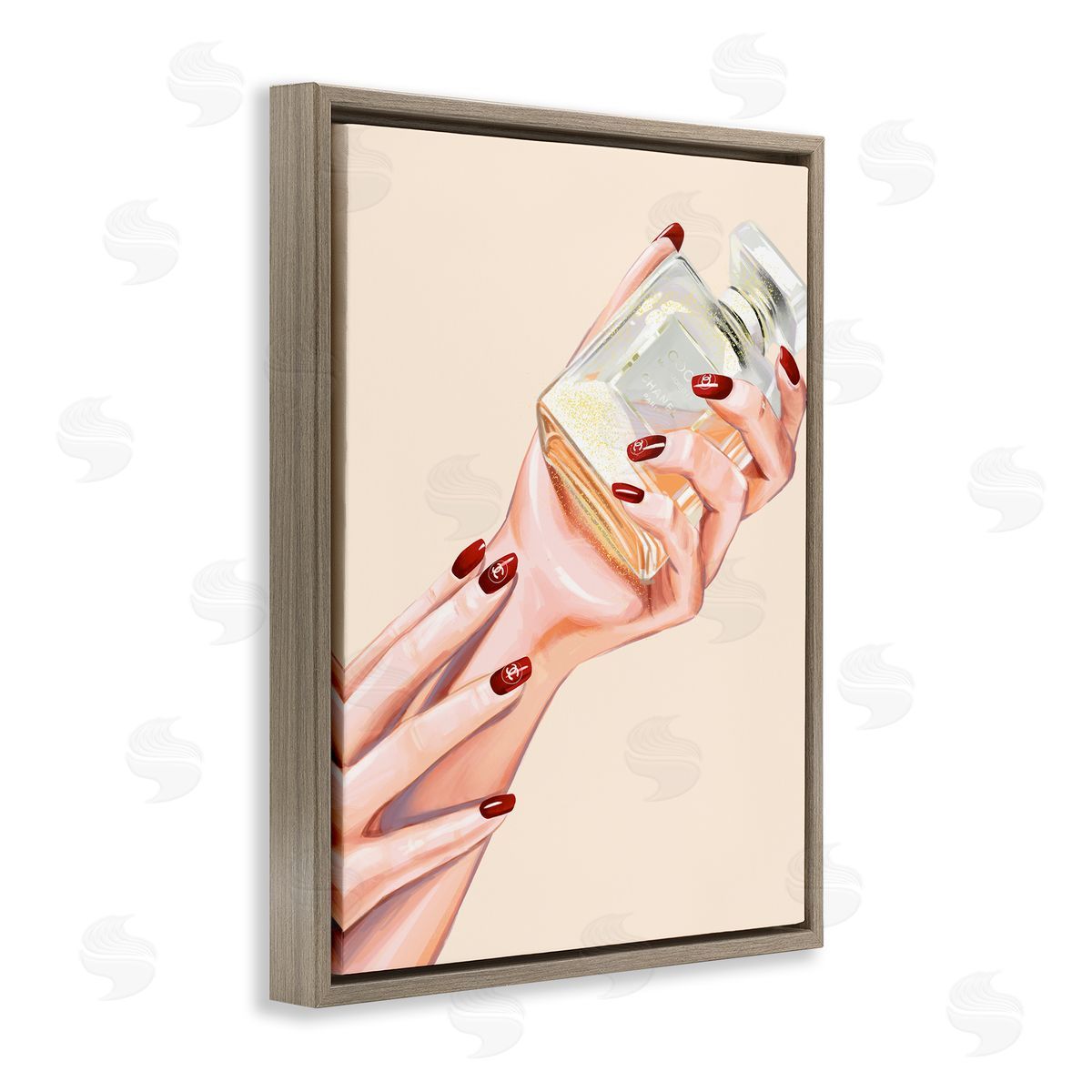 Ziwei Li Chic Red Nail Polish Holding Perfume Bottle  Brown Floating Frame Canvas Wall Art Print