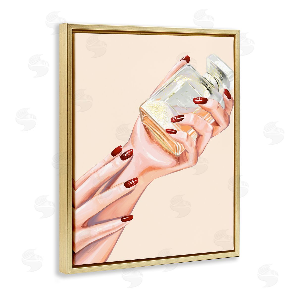 Ziwei Li Chic Red Nail Polish Holding Perfume Bottle  Gold Floating Frame Canvas Wall Art Print