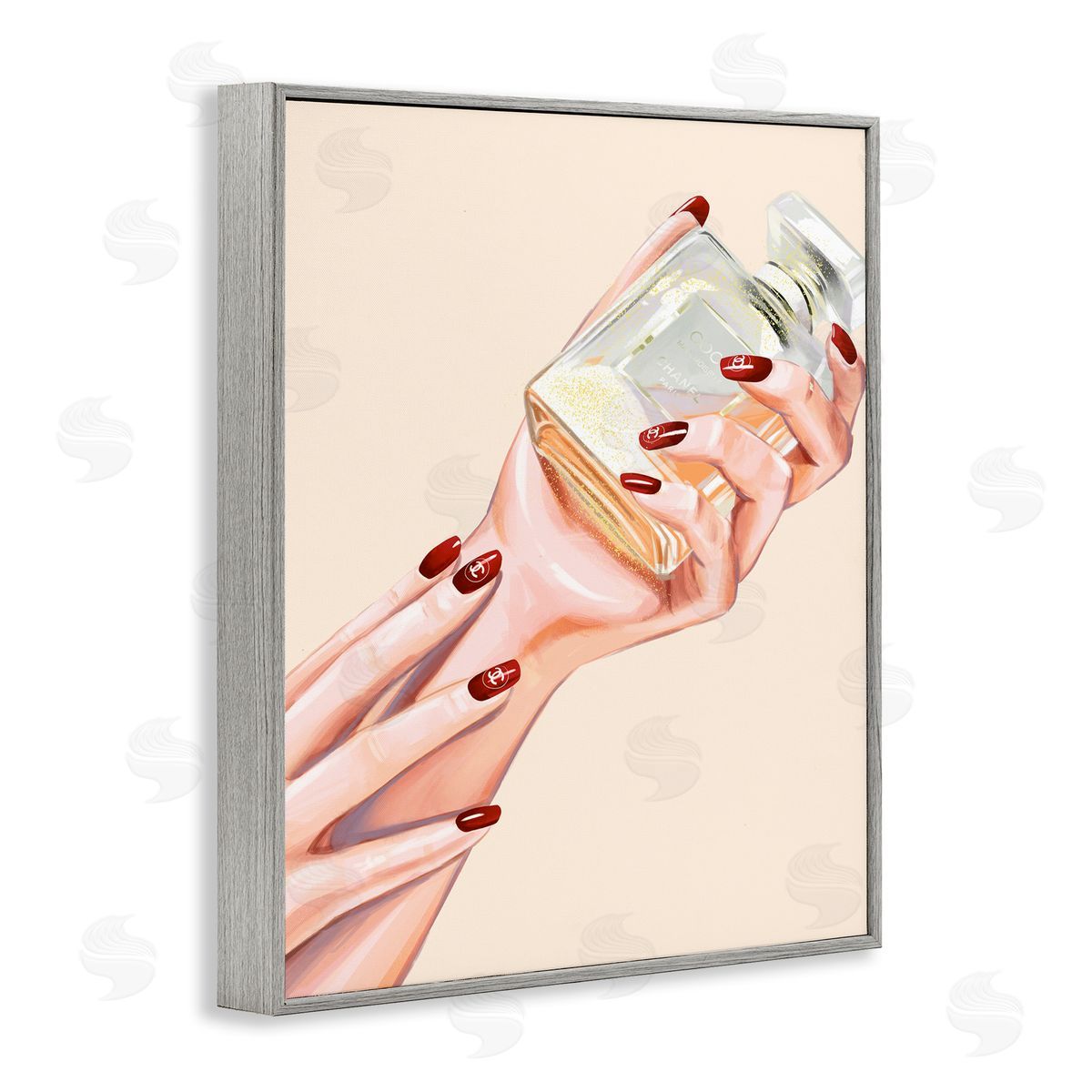 Ziwei Li Chic Red Nail Polish Holding Perfume Bottle  Gray Framed Giclee Wall Art Print