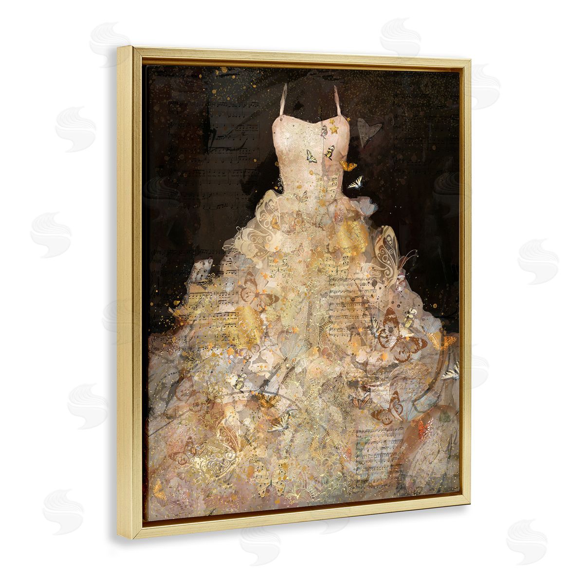 Detailed Evening Gown Collage Gold Floating Frame Canvas Wall Art, Home Decor by Marta Wiley
