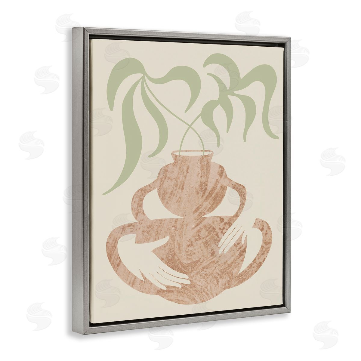 Stupell Studio Botanical Leaves Hands Flower Pot Handles  Gray Floating Frame Canvas Wall Art Print