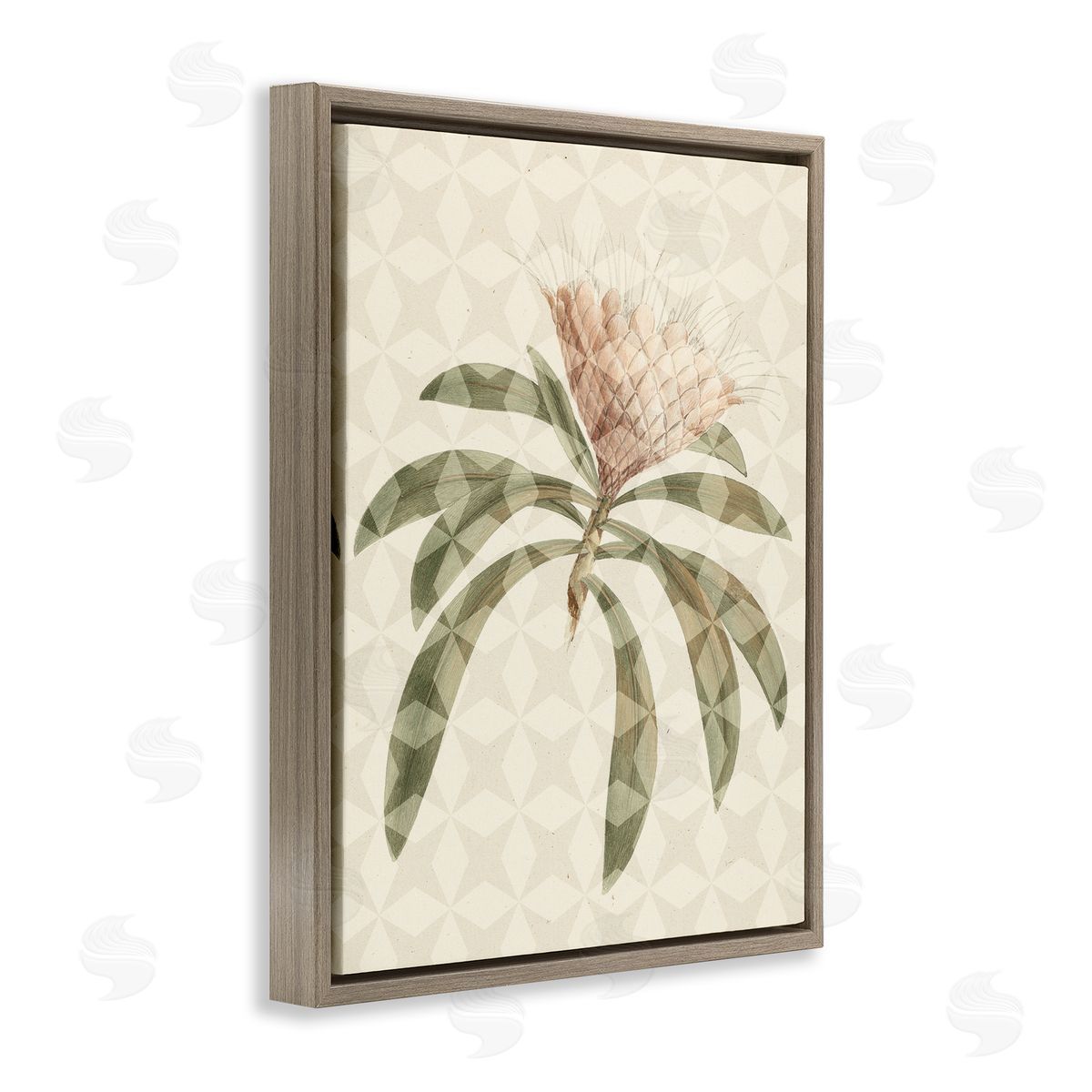 Stupell Studio Natural Geometric Patterned Plant Green Leaves Blossom  Brown Floating Frame Canvas Wall Art Print