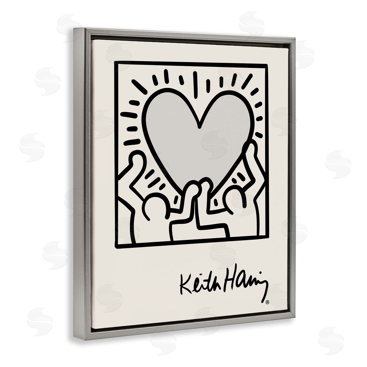 Classic Heart Symbol Keith Haring Grey Floating Frame Canvas Wall Art, Home Decor by Ros Ruseva