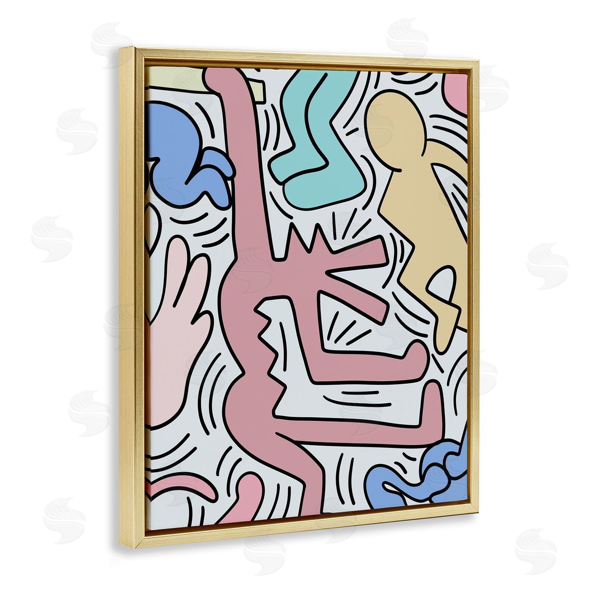 Ros Ruseva Pop Pastel People Squiggle Lines  Gold Floating Frame Canvas Wall Art Print