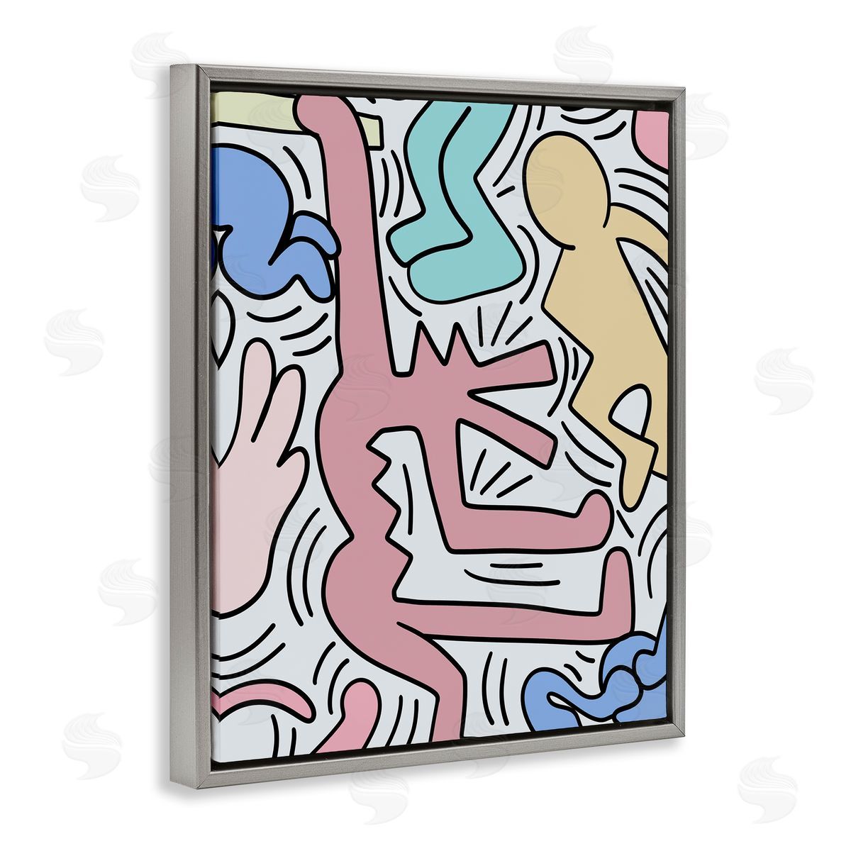 Ros Ruseva Pop Pastel People Squiggle Lines  Gray Floating Frame Canvas Wall Art Print