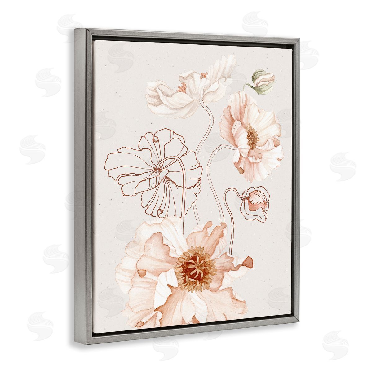 Ros Ruseva Pink Floral Blossom Outline Petals Modern  Gray Floating Frame Canvas Wall Art Print