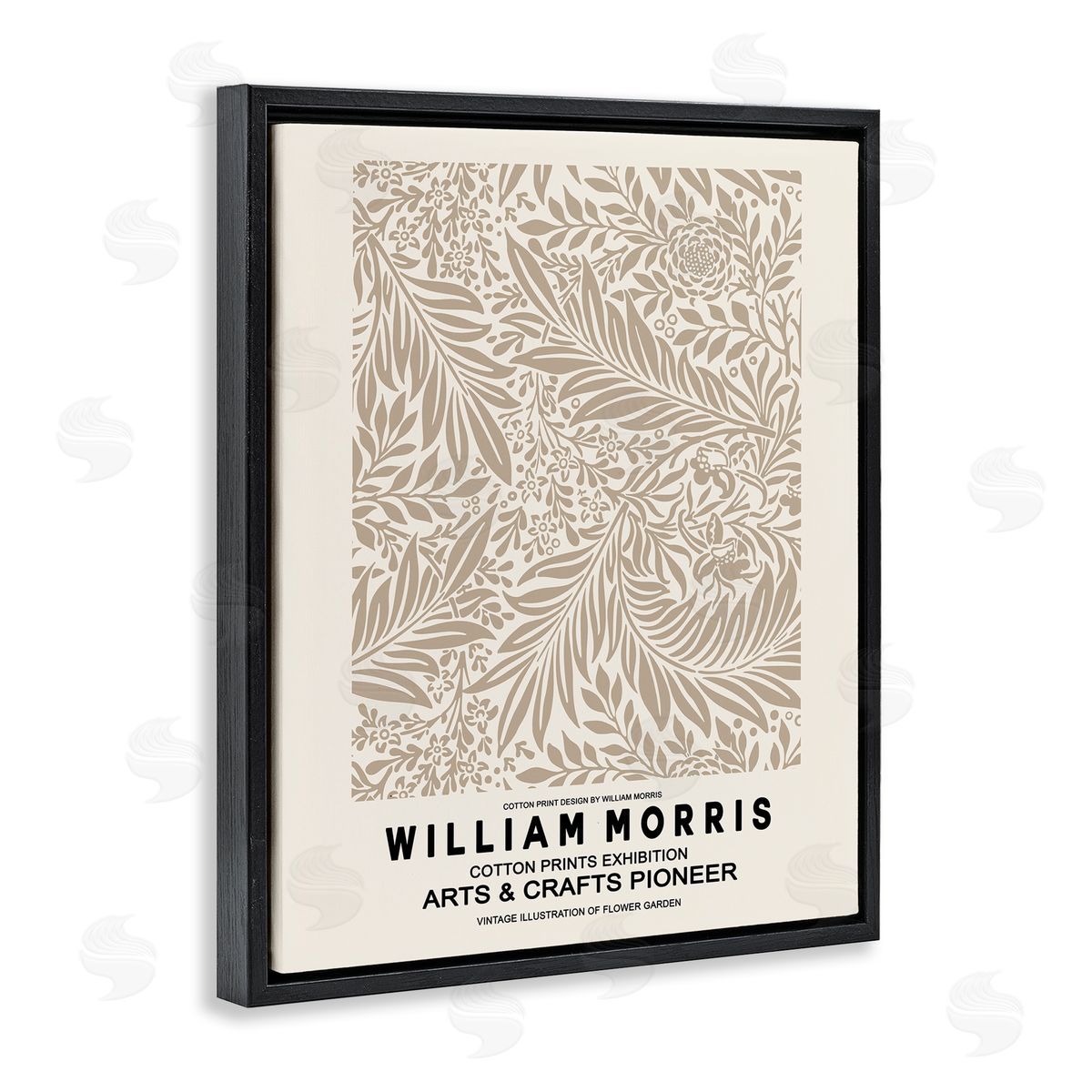 Ros Ruseva Detailed Beige Botanical Leaves William Morris Text  Black Floating Frame Canvas Wall Art Print
