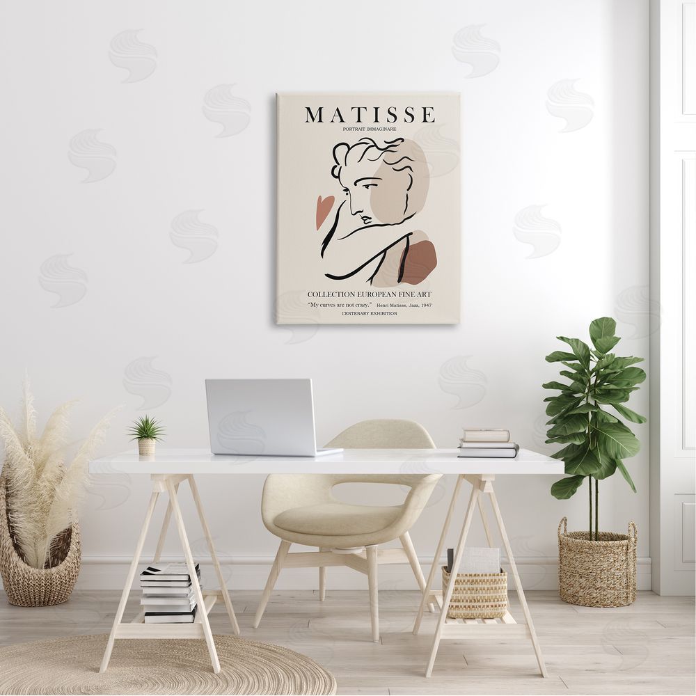 Ros Ruseva Woman Face Modern Neutral Tones Outline Exhibition Canvas Wall Art Print in Room