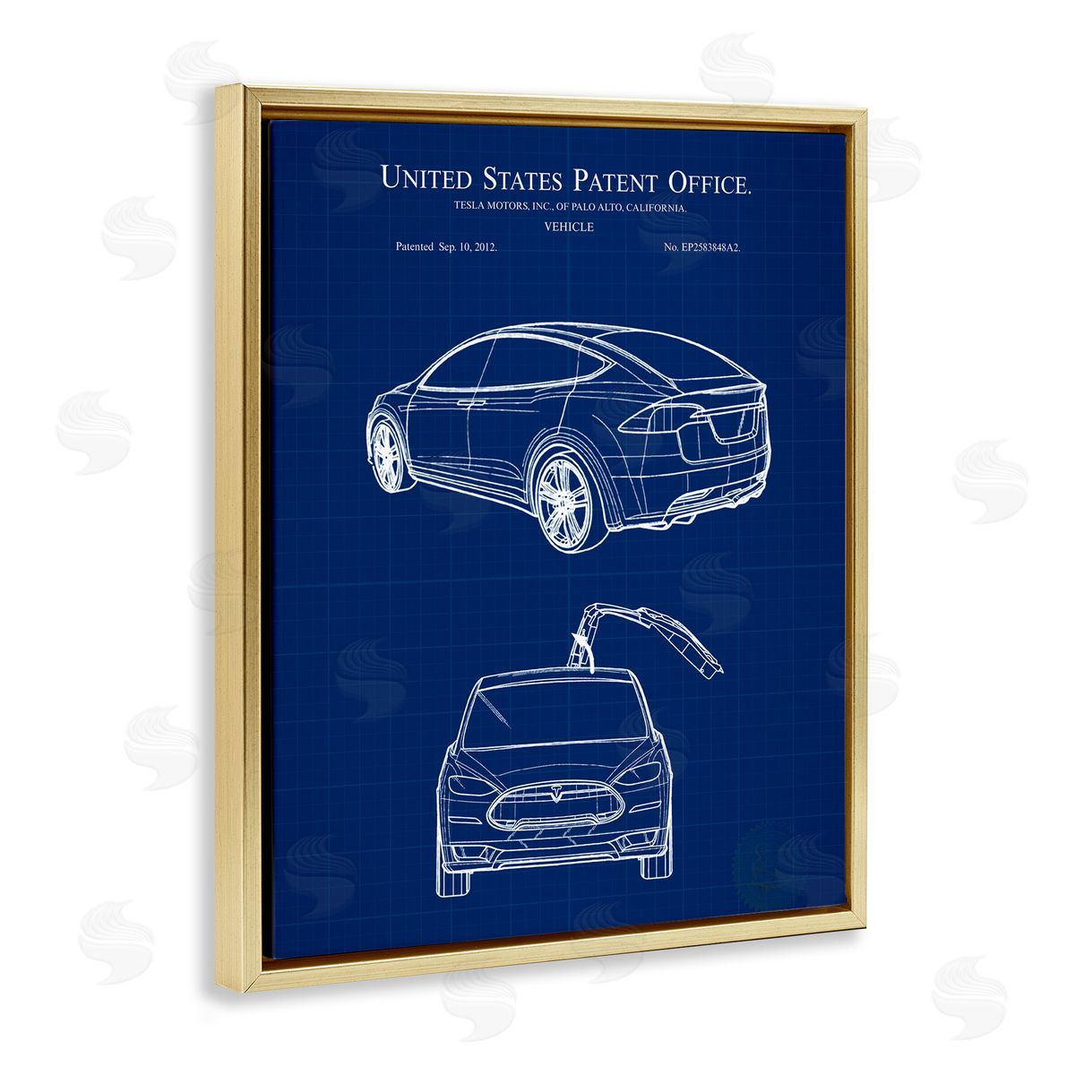 Karl Hronek Blue Vehicle Car Outline Diagram Blueprint Gold Floating Frame Canvas Wall Art Print