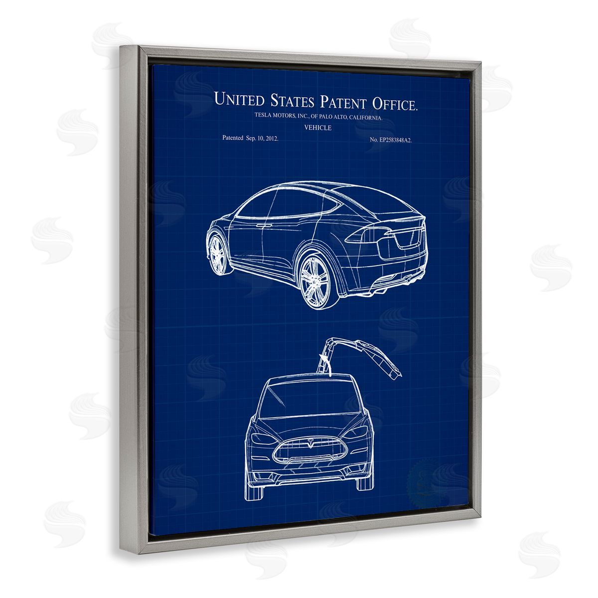 Karl Hronek Blue Vehicle Car Outline Diagram Blueprint Gray Floating Frame Canvas Wall Art Print