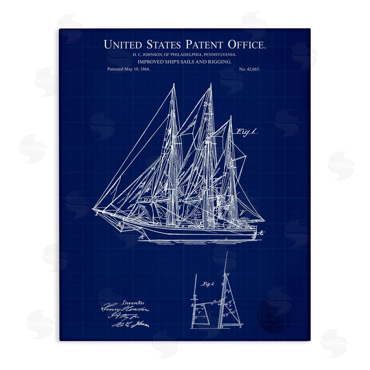 Karl Hronek Detailed Sailboat Ship Nautical Blueprint Outline Diagram Stretched Canvas Wall Art Print
