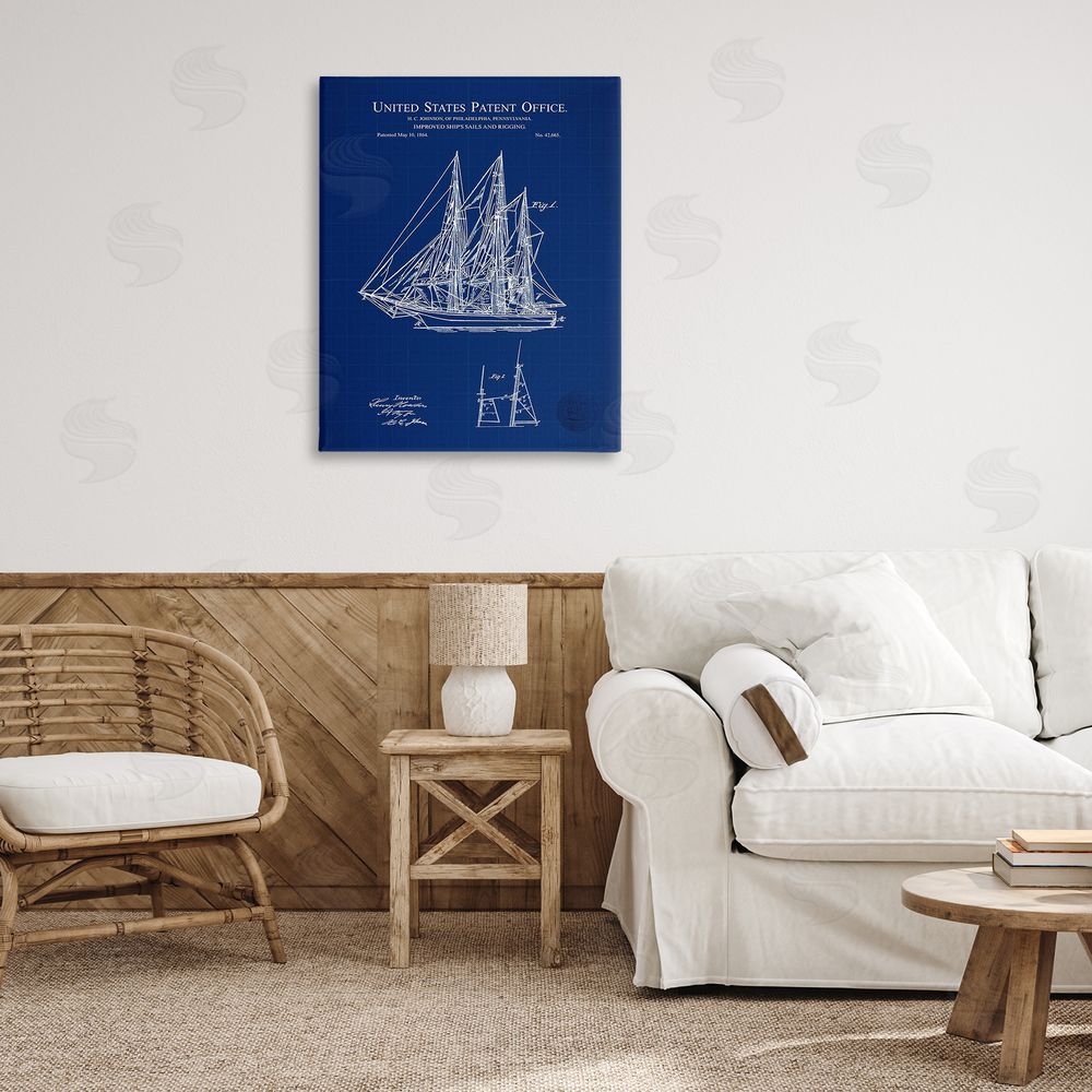 Karl Hronek Detailed Sailboat Ship Nautical Blueprint Outline Diagram Canvas Wall Art Print in Room