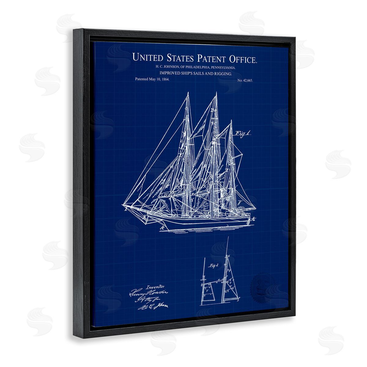 Karl Hronek Detailed Sailboat Ship Nautical Blueprint Outline Diagram Black Floating Frame Canvas Wall Art Print