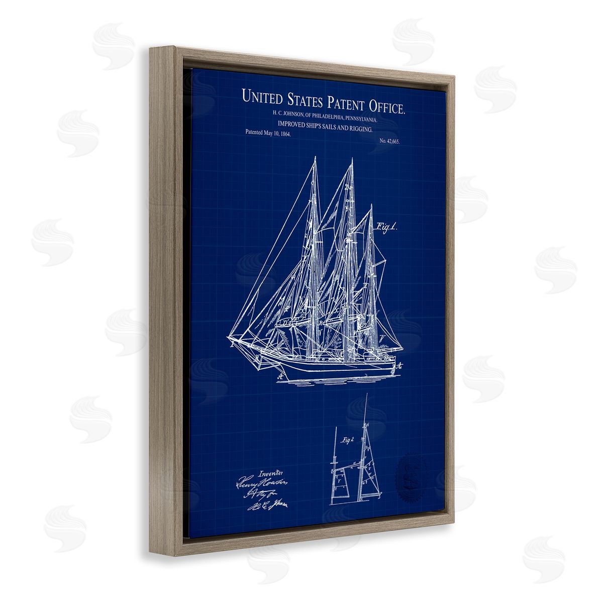 Karl Hronek Detailed Sailboat Ship Nautical Blueprint Outline Diagram Brown Floating Frame Canvas Wall Art Print