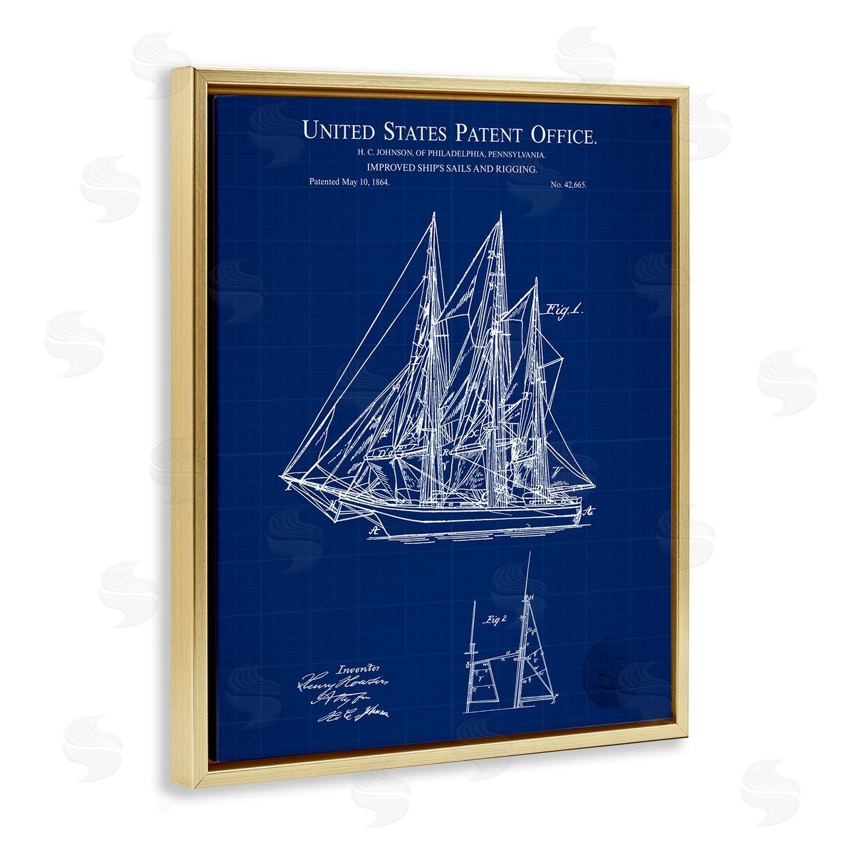 Karl Hronek Detailed Sailboat Ship Nautical Blueprint Outline Diagram Gold Floating Frame Canvas Wall Art Print
