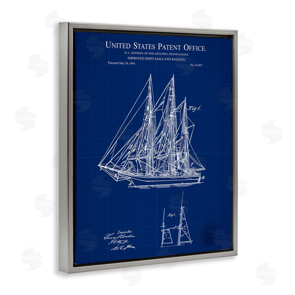 Karl Hronek Detailed Sailboat Ship Nautical Blueprint Outline Diagram Gray Floating Frame Canvas Wall Art Print