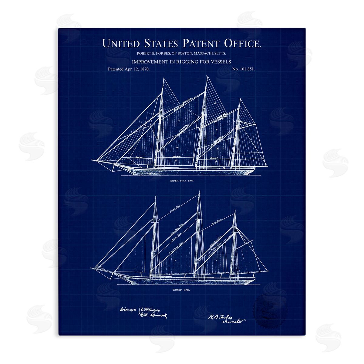 Karl Hronek Blue Ship Boat Diagram Detailed Blueprint Patent Stretched Canvas Wall Art Print
