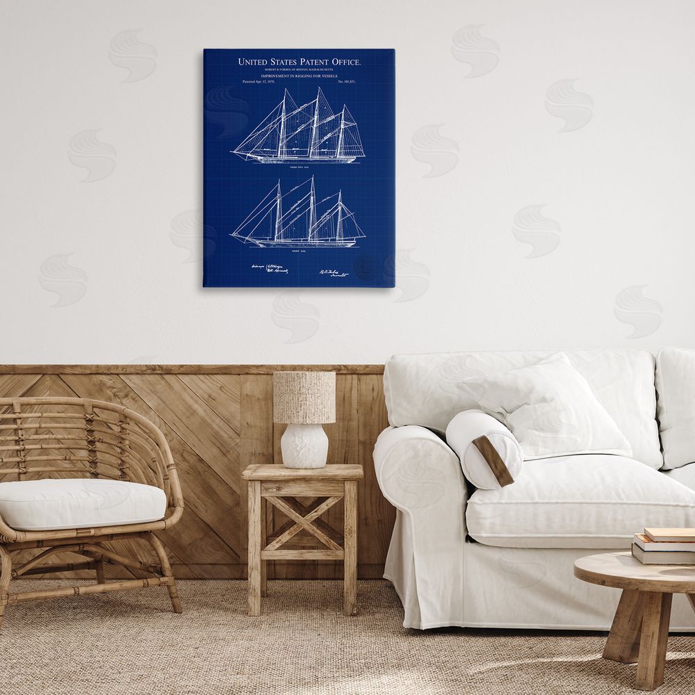 Karl Hronek Blue Ship Boat Diagram Detailed Blueprint Patent Canvas Wall Art Print in Room