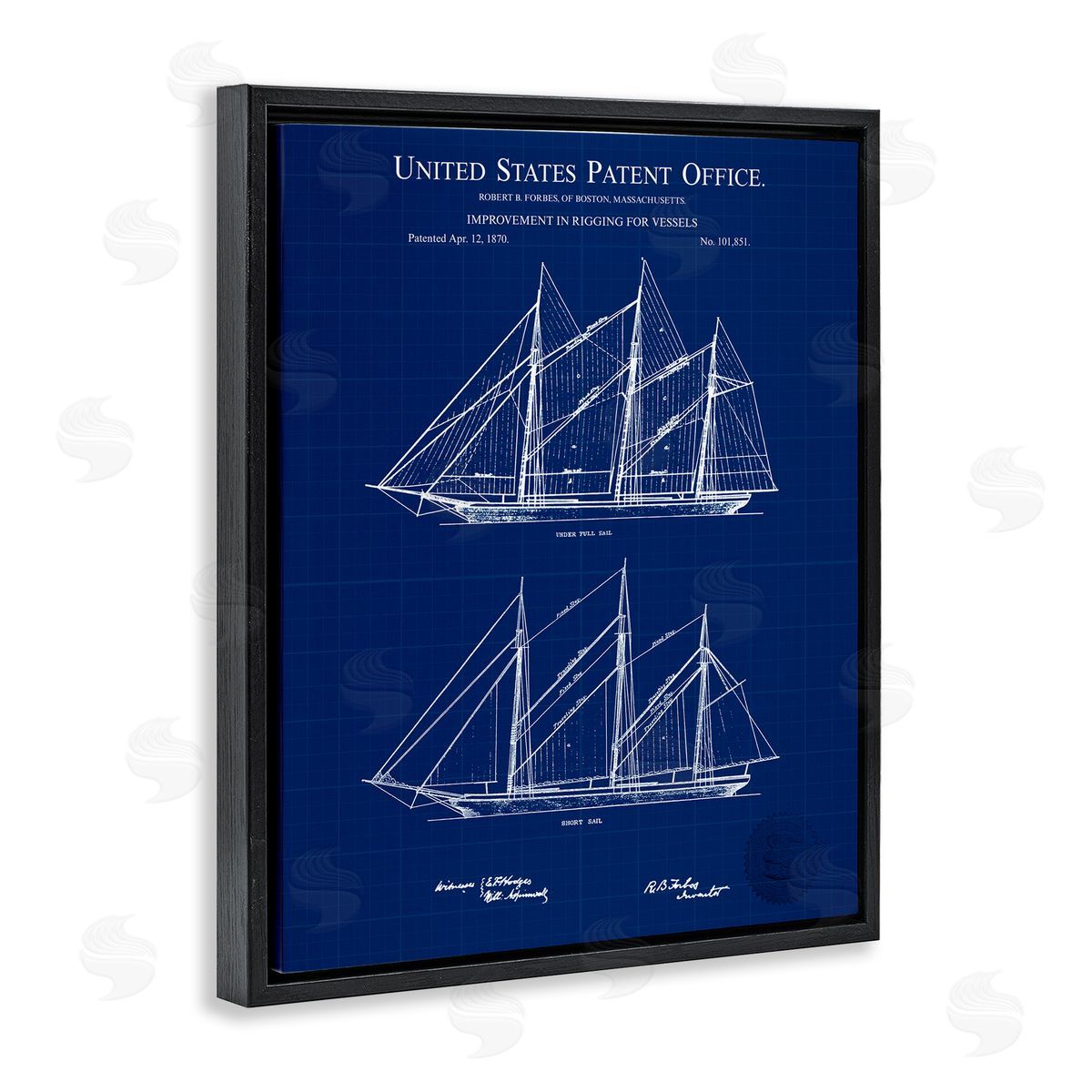 Karl Hronek Blue Ship Boat Diagram Detailed Blueprint Patent Black Floating Frame Canvas Wall Art Print