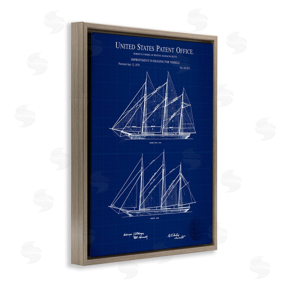 Karl Hronek Blue Ship Boat Diagram Detailed Blueprint Patent Brown Floating Frame Canvas Wall Art Print