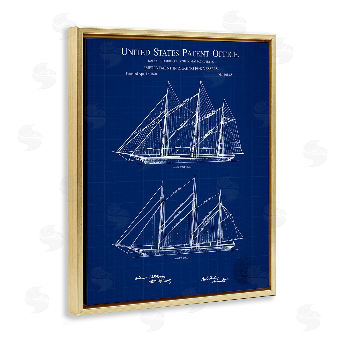 Karl Hronek Blue Ship Boat Diagram Detailed Blueprint Patent Gold Floating Frame Canvas Wall Art Print
