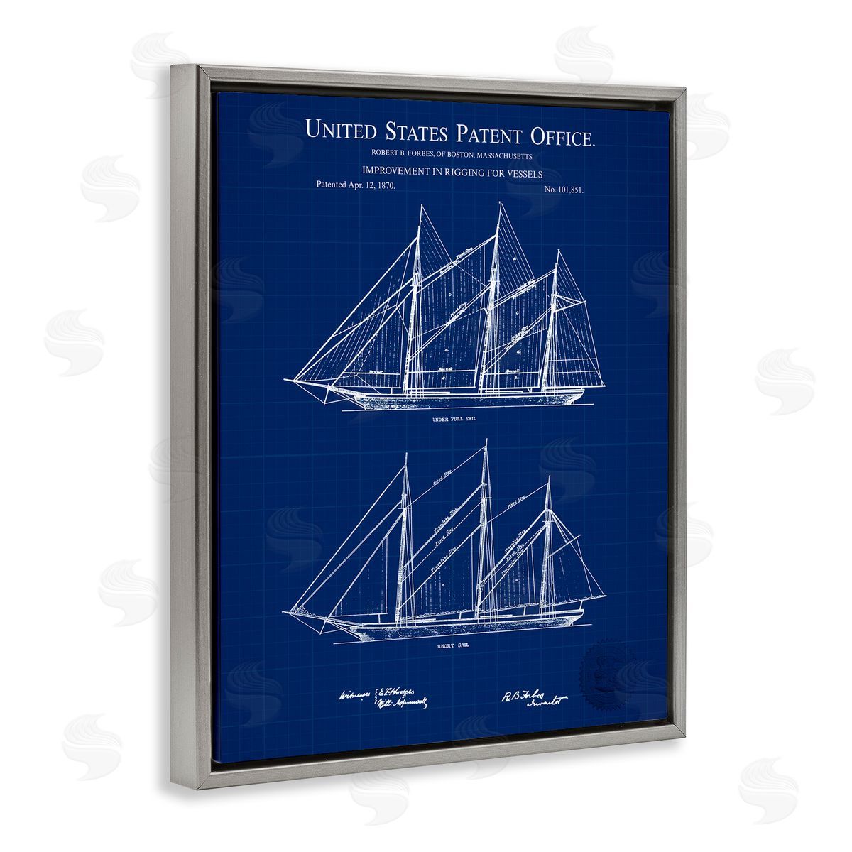 Karl Hronek Blue Ship Boat Diagram Detailed Blueprint Patent Gray Floating Frame Canvas Wall Art Print
