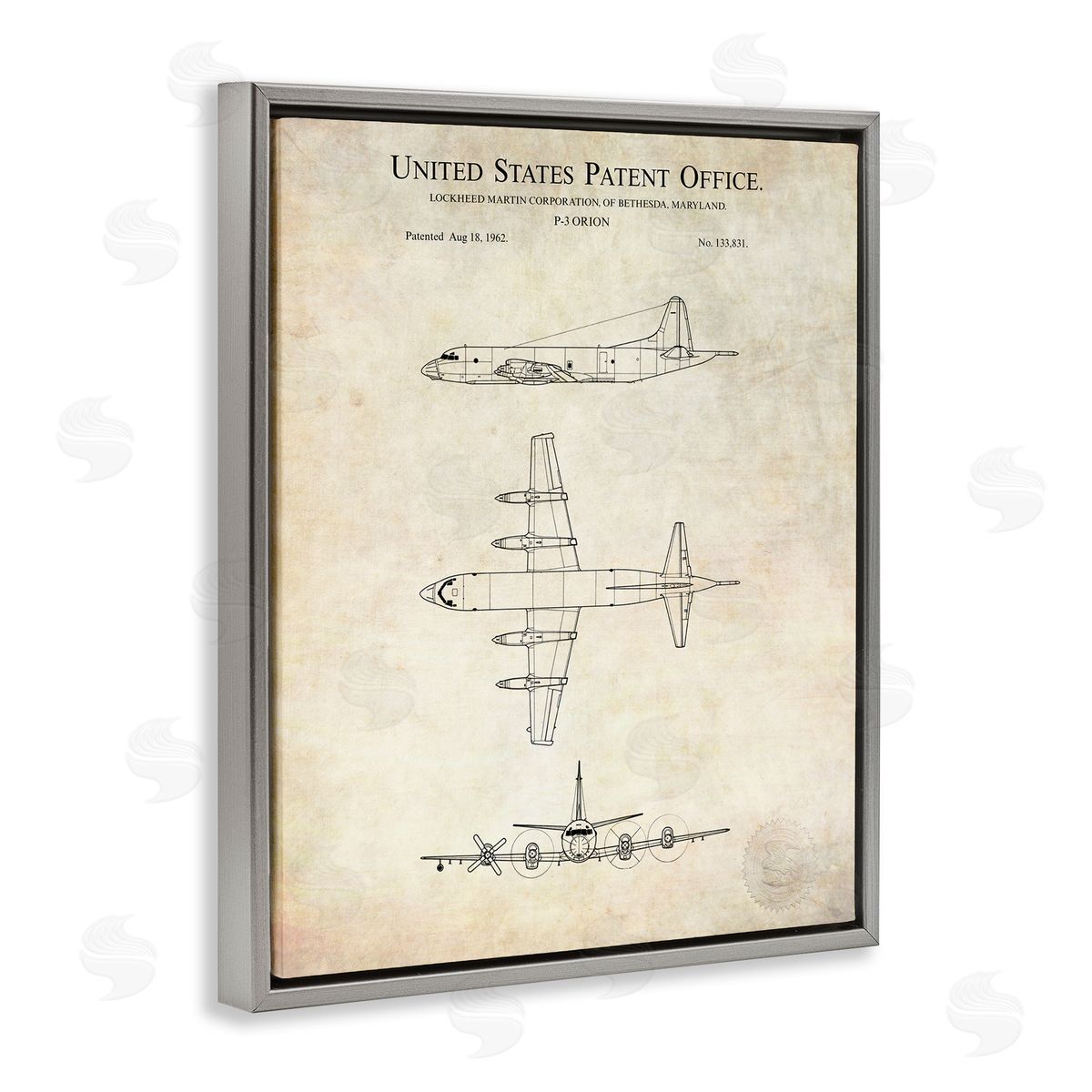 Karl Hronek Vintage Airplane Aircraft Diagram Patent Blueprint Diagram  Gray Floating Frame Canvas Wall Art Print