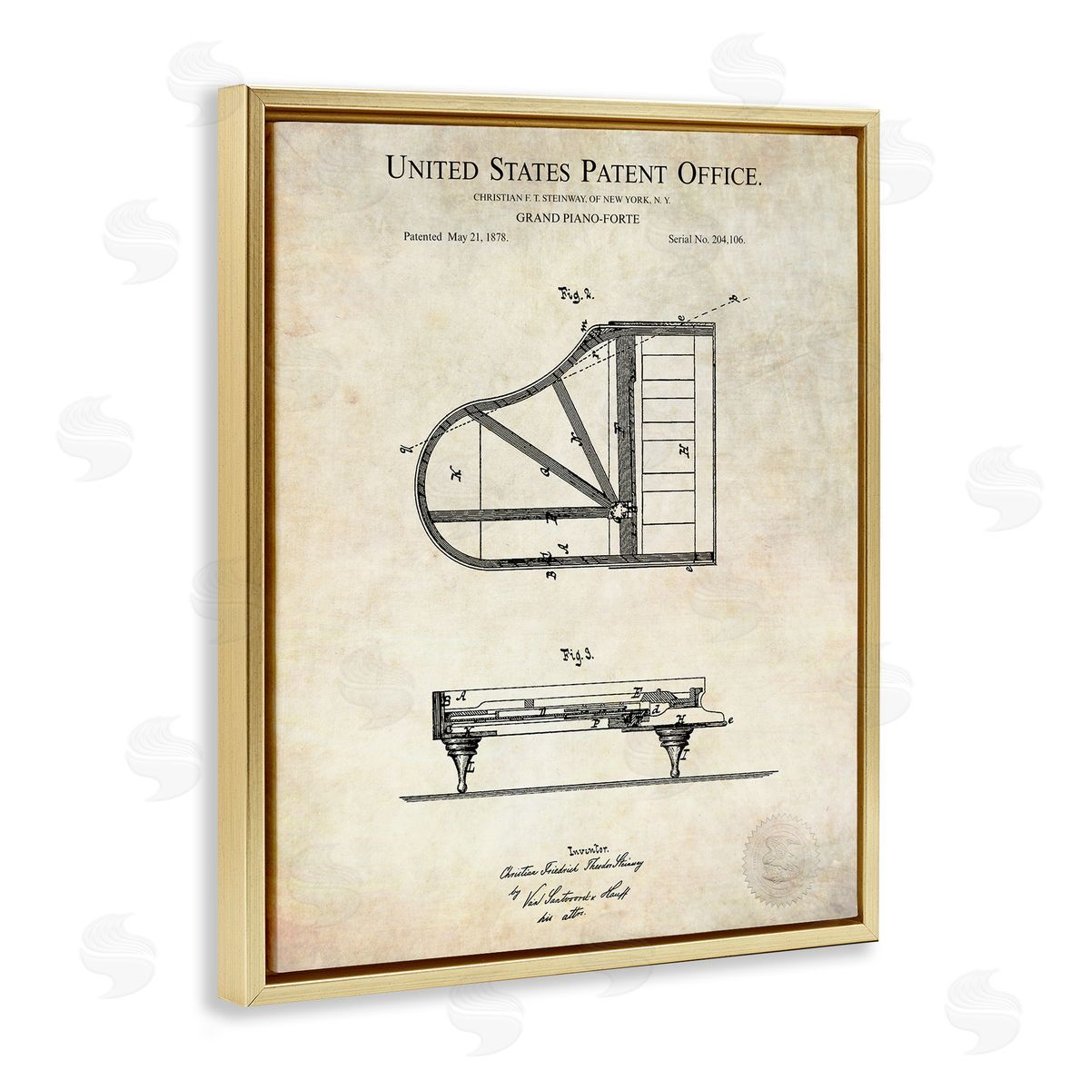 Karl Hronek Grand Piano Detailed Vintage Diagram Blueprint Instrument  Gold Floating Frame Canvas Wall Art Print