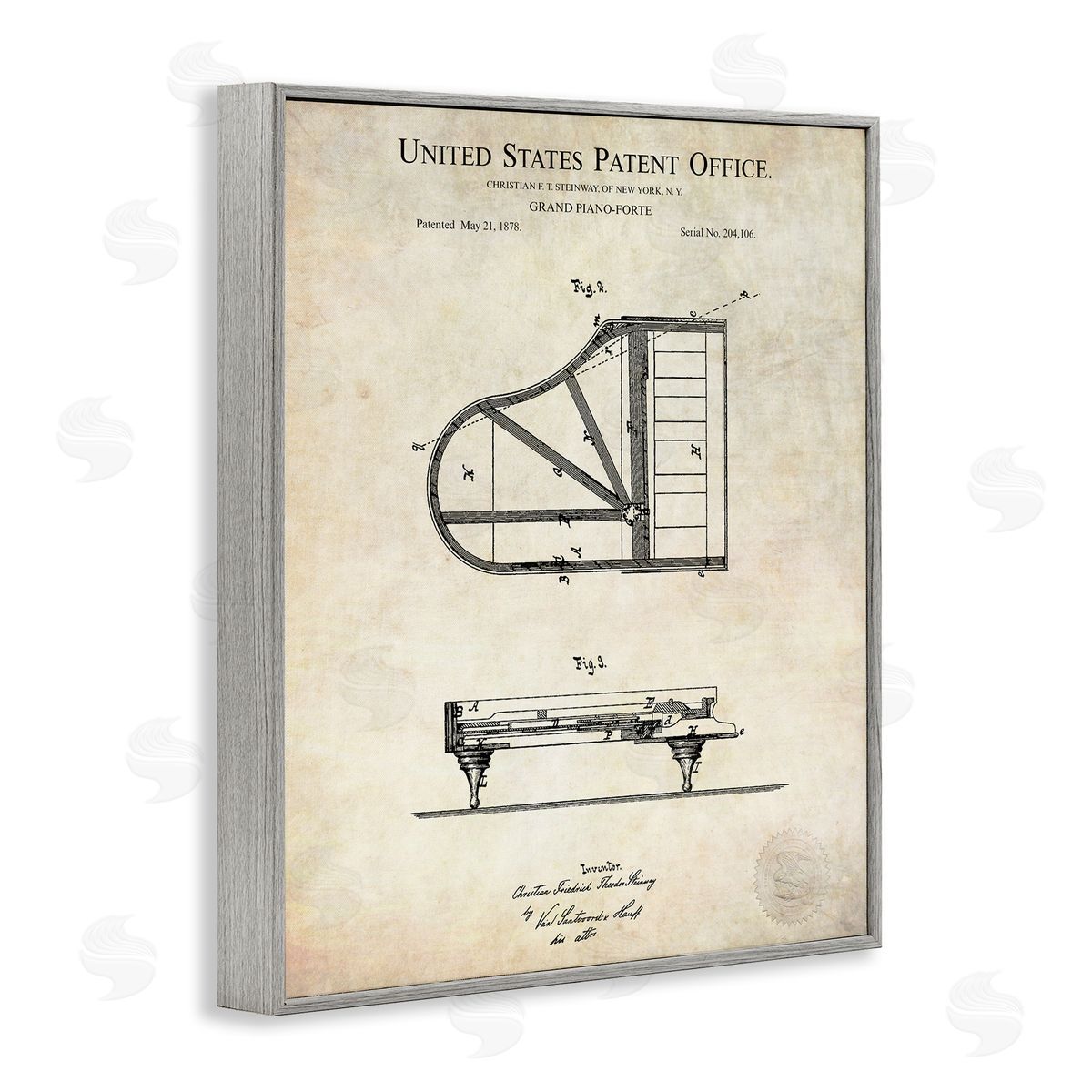 Karl Hronek Grand Piano Detailed Vintage Diagram Blueprint Instrument  Gray Framed Giclee Wall Art Print