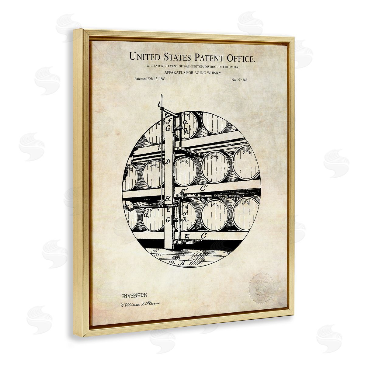 Karl Hronek Whiskey Aging Barrel Detailed Vintage Patent Diagram  Gold Floating Frame Canvas Wall Art Print