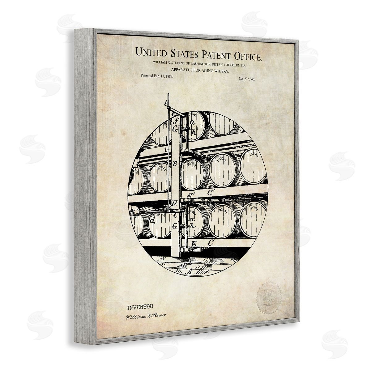 Karl Hronek Whiskey Aging Barrel Detailed Vintage Patent Diagram  Gray Framed Giclee Wall Art Print