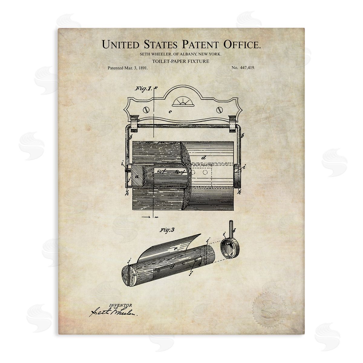 Karl Hronek Vintage Toilet Paper Fixture Detailed Technical Diagram Text  Stretched Canvas Wall Art Print