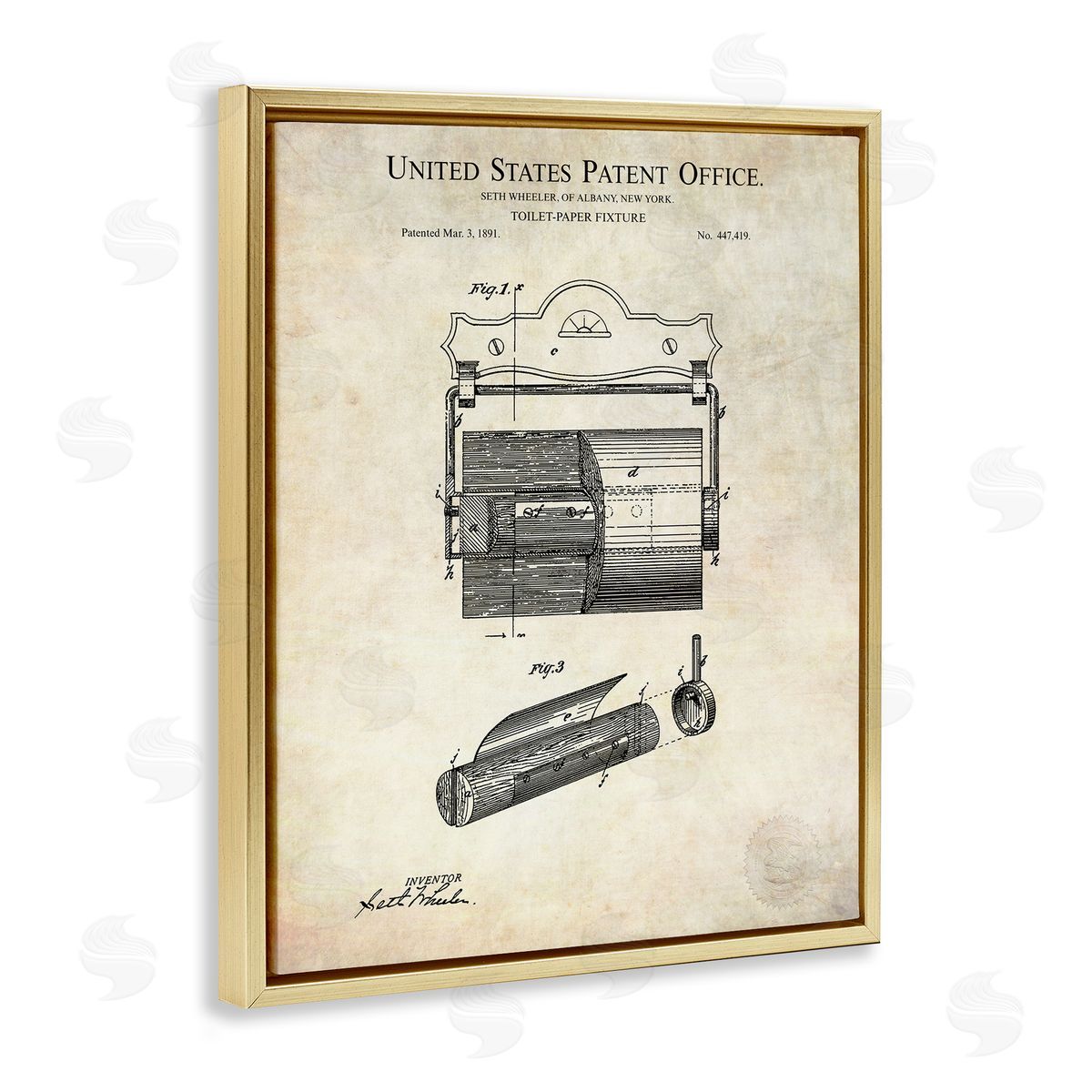 Karl Hronek Vintage Toilet Paper Fixture Detailed Technical Diagram Text  Gold Floating Frame Canvas Wall Art Print