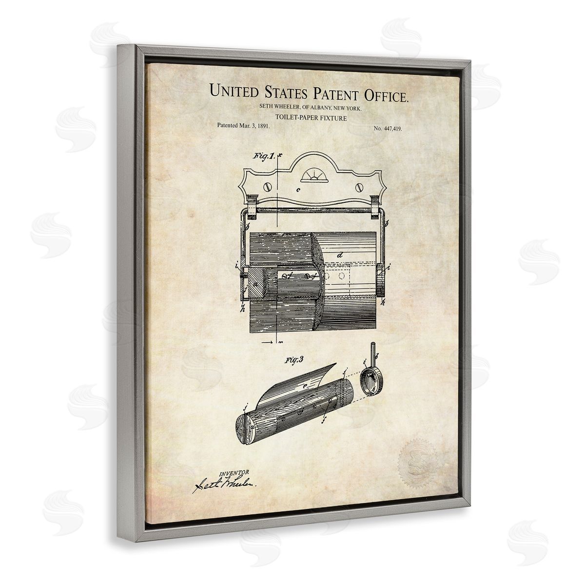 Karl Hronek Vintage Toilet Paper Fixture Detailed Technical Diagram Text  Gray Floating Frame Canvas Wall Art Print