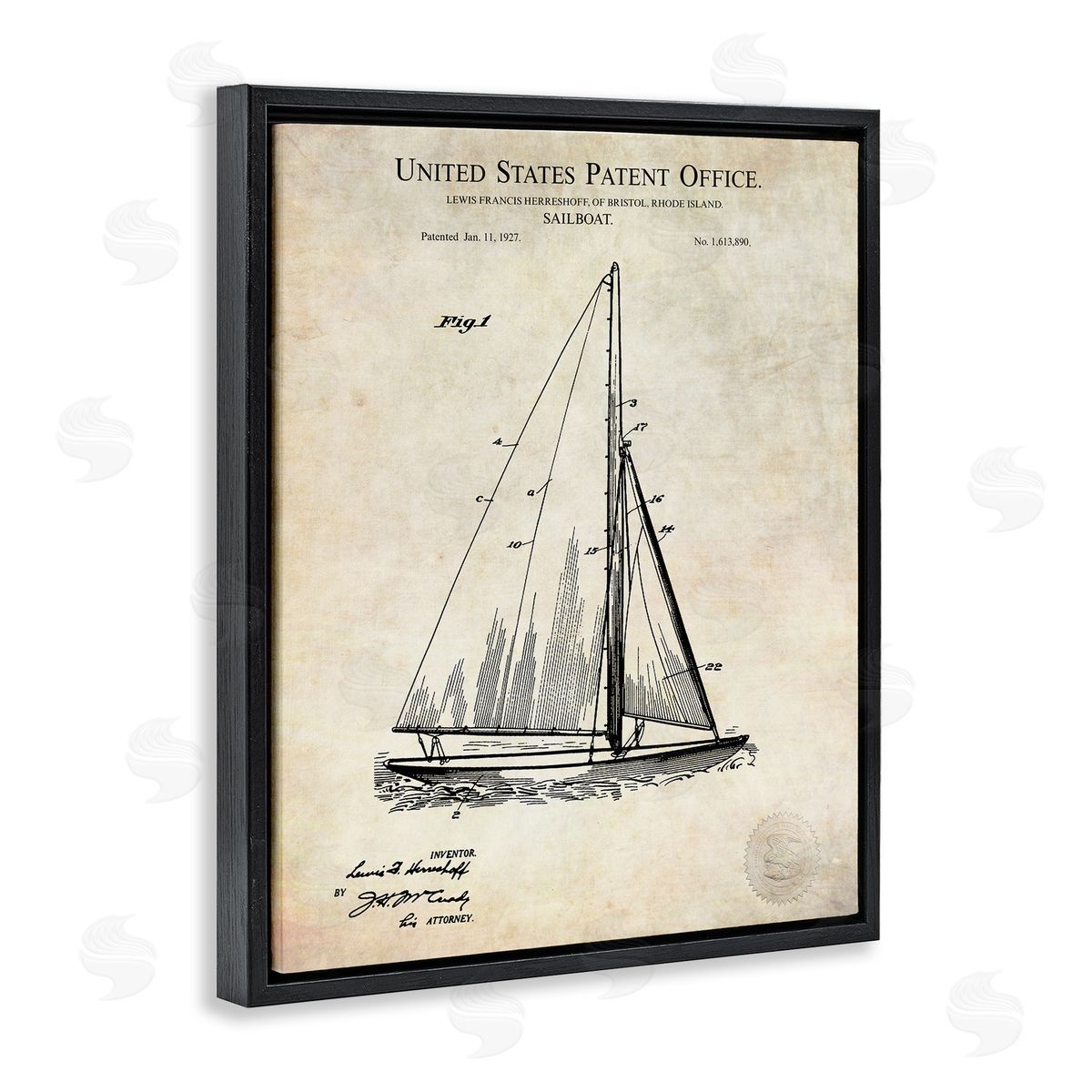 Karl Hronek Vintage Sailboat Watercraft Technical Diagram Black Floating Frame Canvas Wall Art Print
