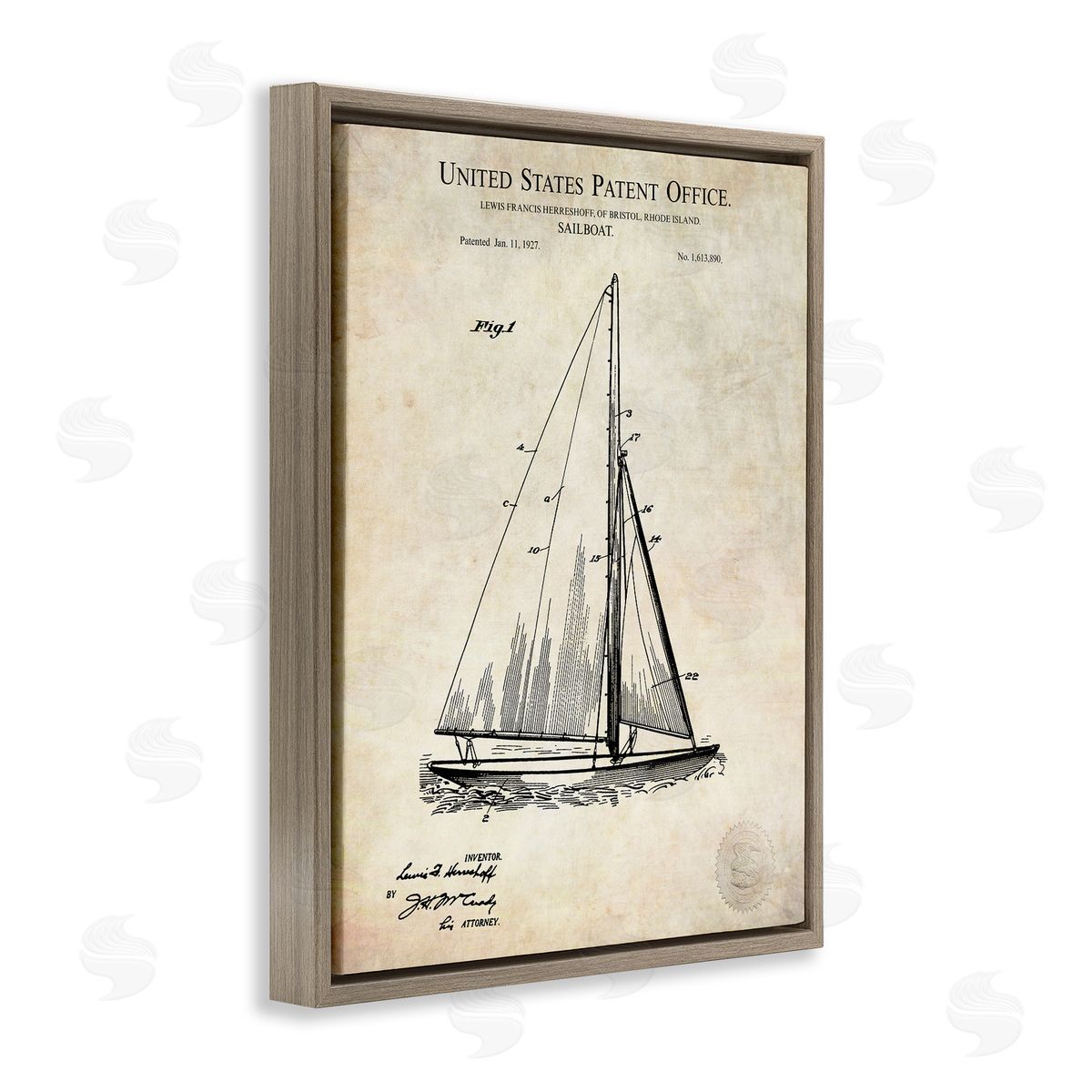 Karl Hronek Vintage Sailboat Watercraft Technical Diagram Brown Floating Frame Canvas Wall Art Print
