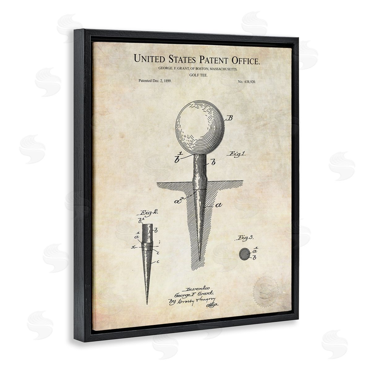 Karl Hronek Golf Ball Tee Patent Blueprint Diagram Outline  Black Floating Frame Canvas Wall Art Print