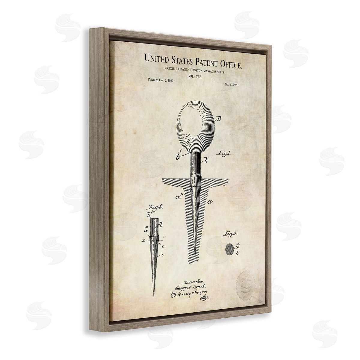 Karl Hronek Golf Ball Tee Patent Blueprint Diagram Outline  Brown Floating Frame Canvas Wall Art Print