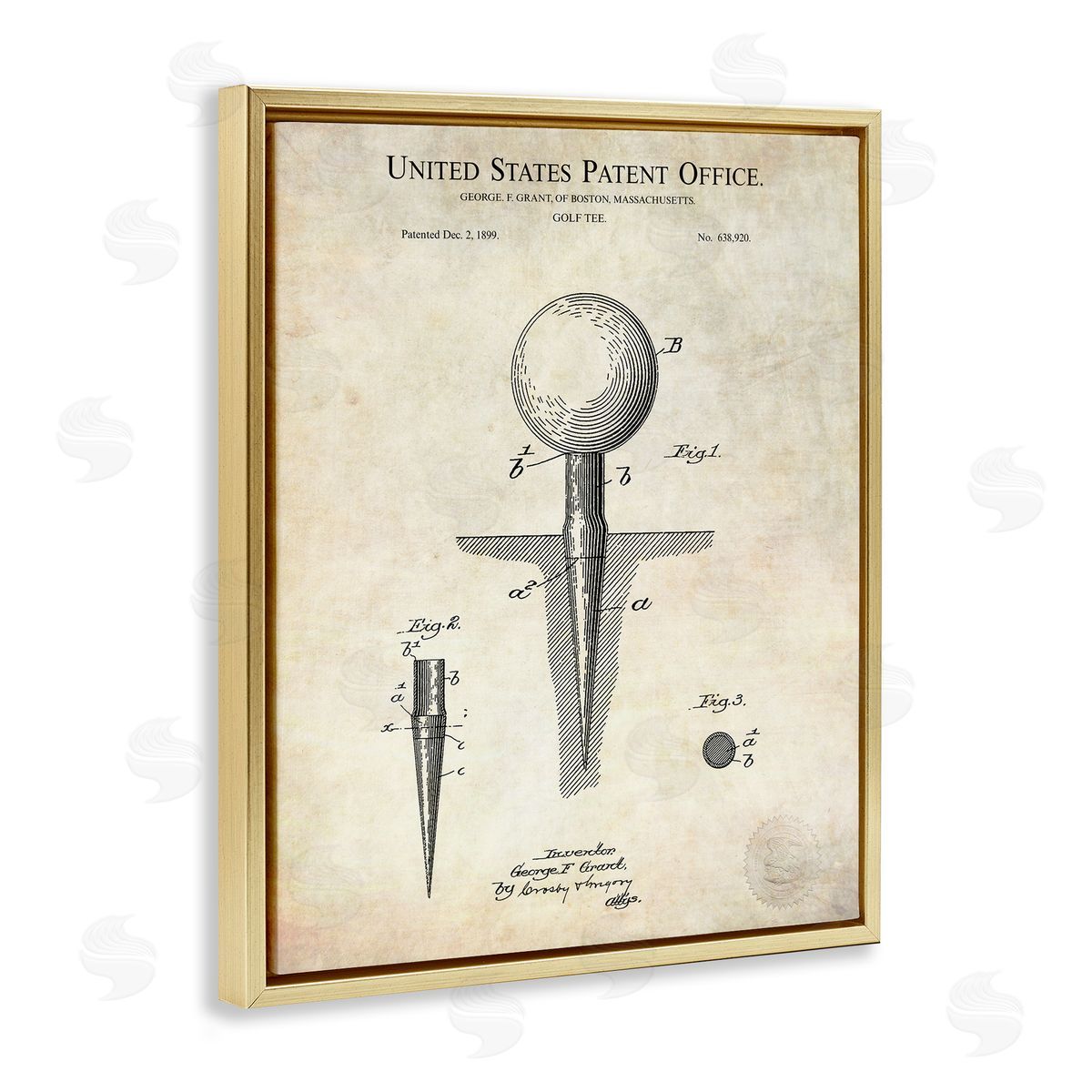 Karl Hronek Golf Ball Tee Patent Blueprint Diagram Outline  Gold Floating Frame Canvas Wall Art Print