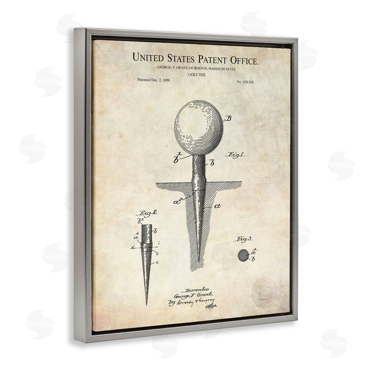 Karl Hronek Golf Ball Tee Patent Blueprint Diagram Outline  Gray Floating Frame Canvas Wall Art Print