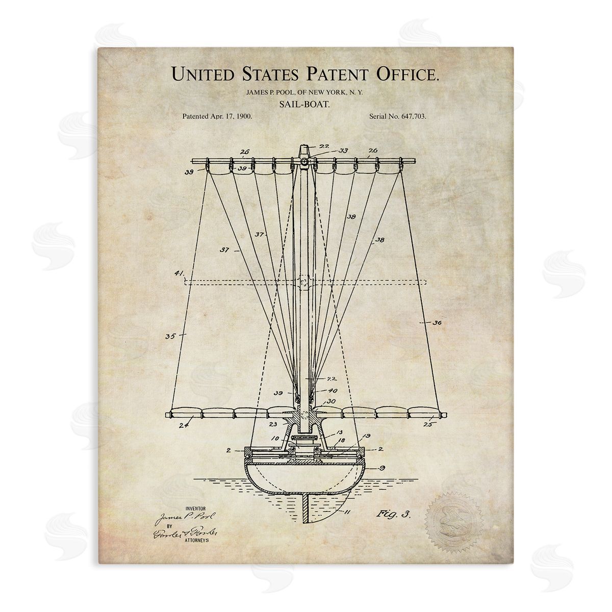 Karl Hronek Vintage Sailboat Watercraft Detailed Diagram Blueprint  Stretched Canvas Wall Art Print