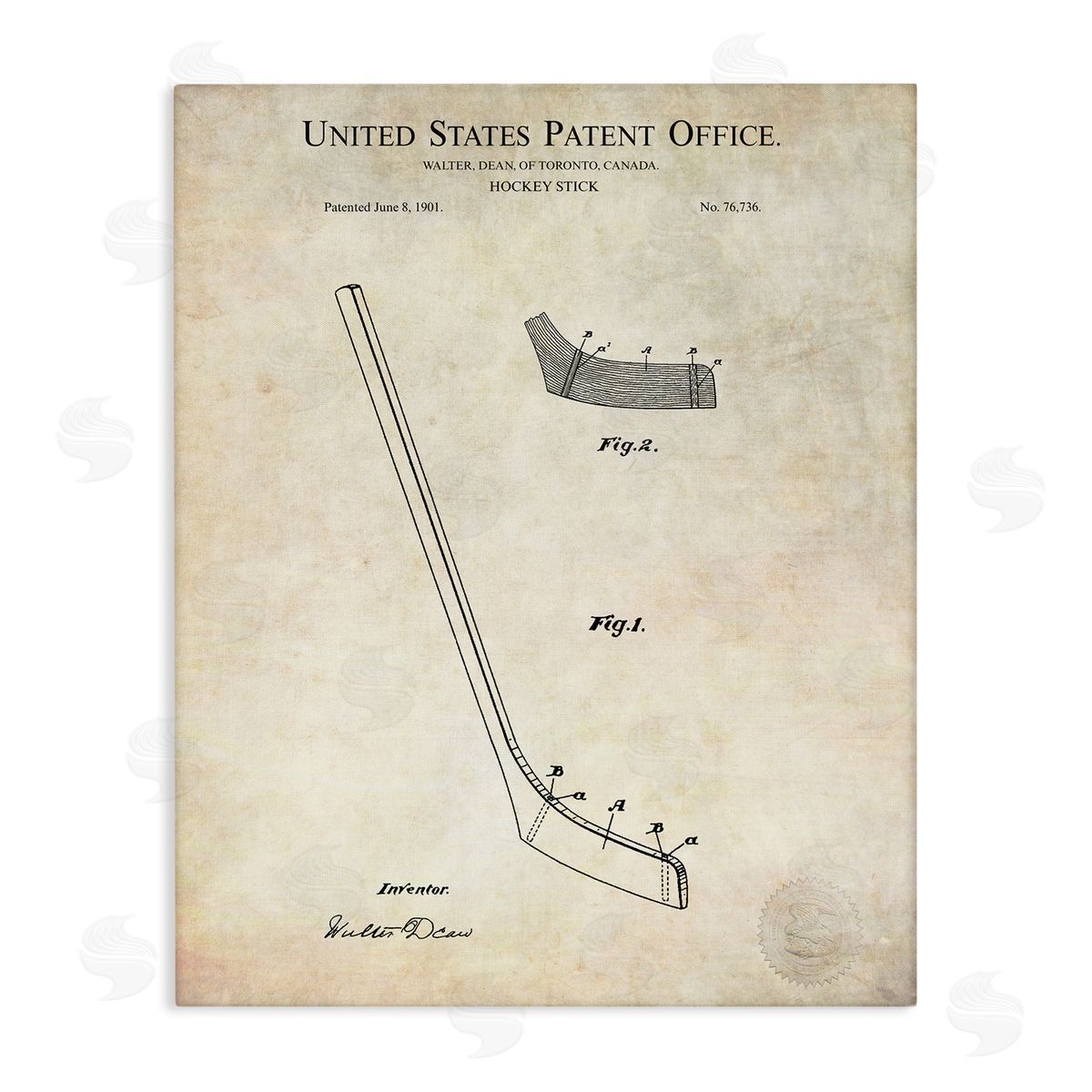 Karl Hronek Vintage Hockey Stick Sports Diagram Patent Blueprint Stretched Canvas Wall Art Print