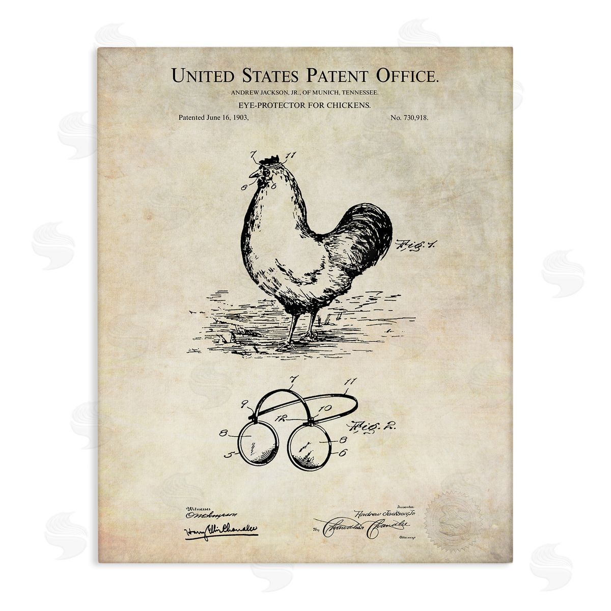 Karl Hronek Vintage Chicken Eye Protection Patent Blueprint Diagram Stretched Canvas Wall Art Print