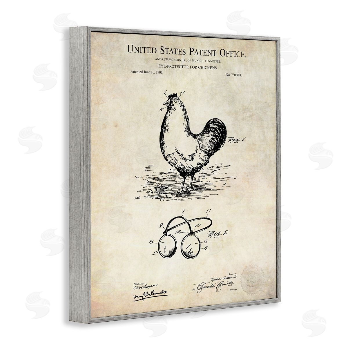 Karl Hronek Vintage Chicken Eye Protection Patent Blueprint Diagram Gray Framed Giclee Wall Art Print