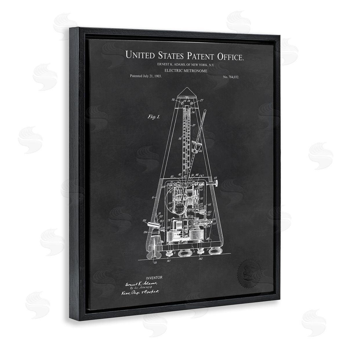 Karl Hronek Detailed Tech Electric Metronome Patent Blueprint Diagram Black Floating Frame Canvas Wall Art Print