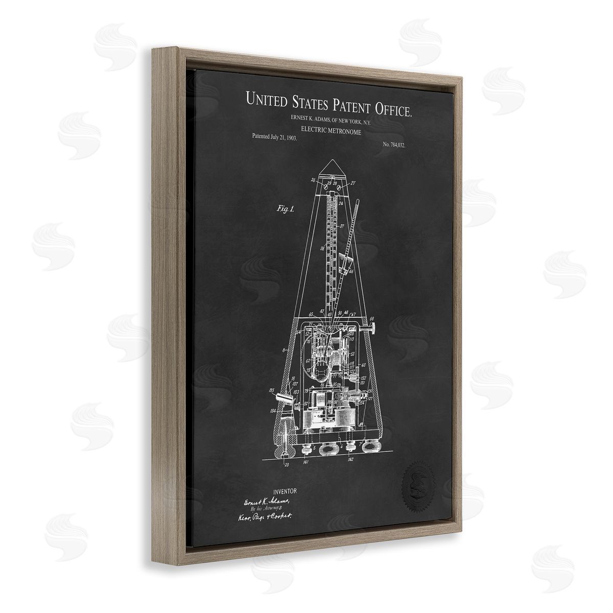 Karl Hronek Detailed Tech Electric Metronome Patent Blueprint Diagram Brown Floating Frame Canvas Wall Art Print